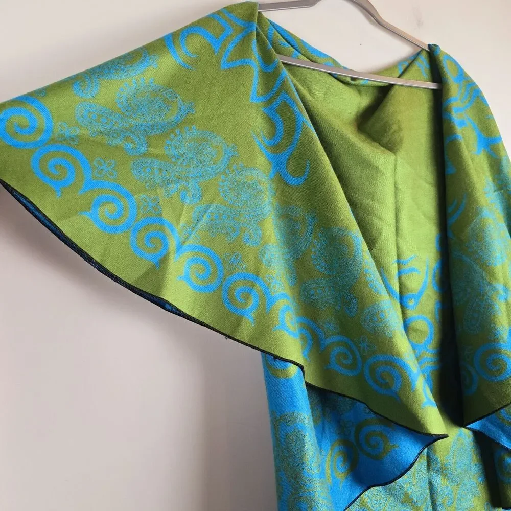 Pashmina Womens Reversible‎ Cape Gree Blue Paisley Cashmere Wrap Shawl One Size.